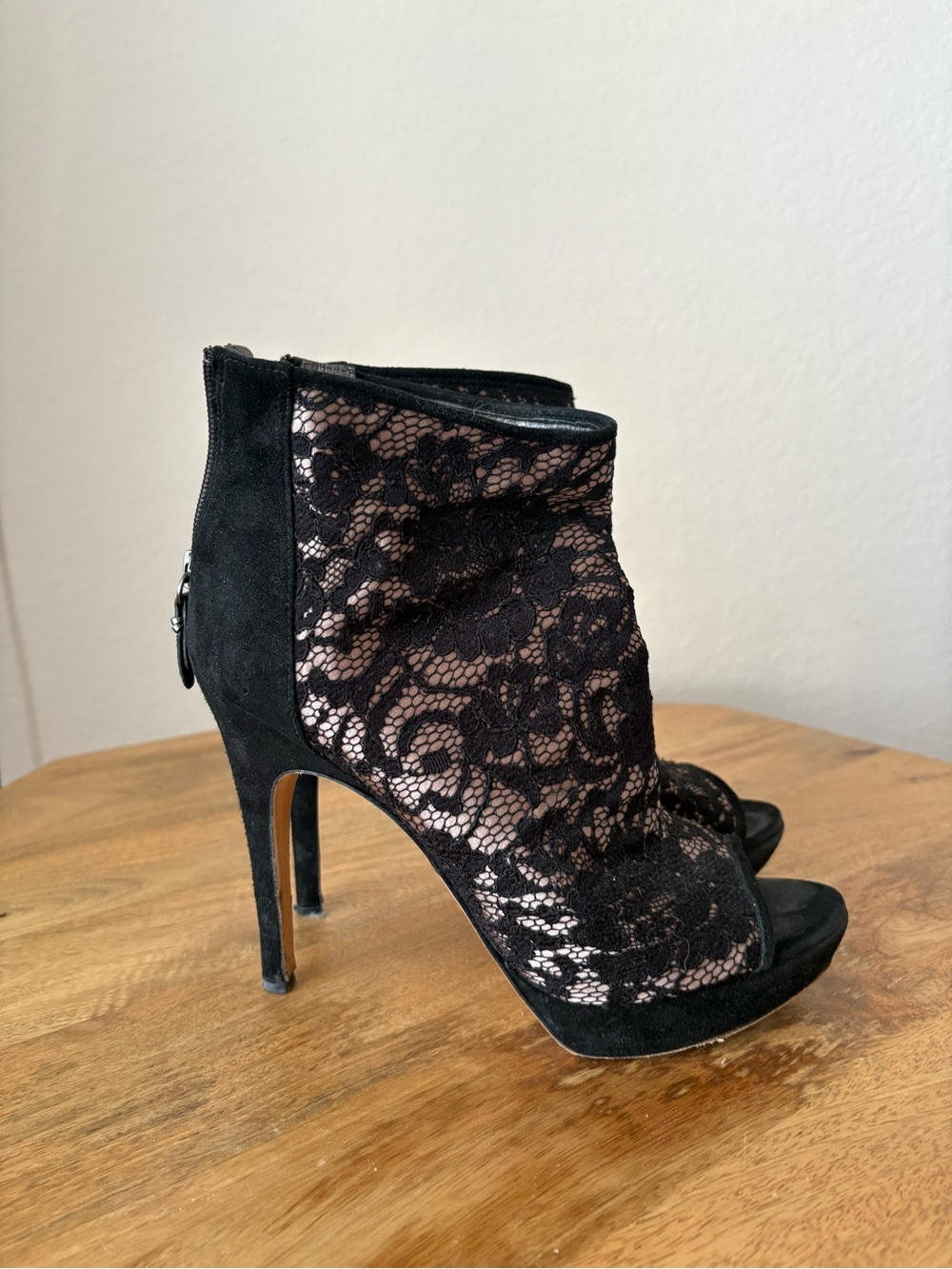Via Spiga Black Lace Peep-Toe Booties